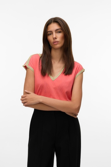 Vero Moda T-shirt VMBALDORA S/L V-NECK TOP JRS BTQ 10325291 DUBARRY/GOLD LUREX