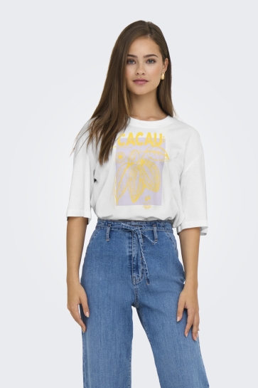 Jacqueline de Yong T-shirt JDYBENA S/S LOOSE FIT PRINT TOP JRS 15345725 CLOUD DANCER/CACAU