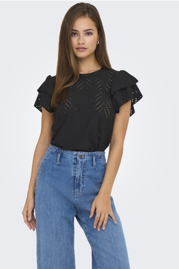 Jacqueline de Yong T-shirt JDYCARLA CATHINKA S/L FRILL TOP JRS 15351452 Black