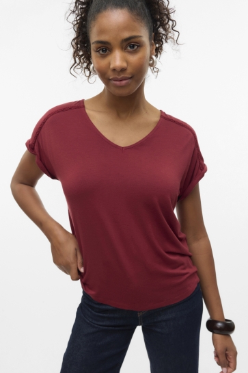 Vero Moda T-shirt VMVANESSA SS V-NECK TOP JRS GA 10329351 Syrah