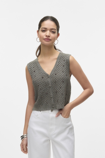 Vero Moda Vest VMAMALFI SHINE SL V-NECK SHORT VEST 10330705 KALAMATA/SILVER LUREX
