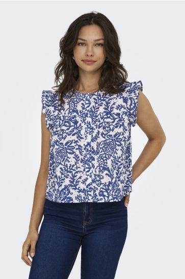 Only Blouse ONLAMANDA CHANEE CAP EMB TOP WVN 15350007 CLOUD DANCER/W ESTATE BLUE