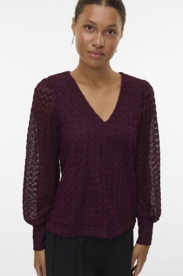 Vero Moda T-shirt VMBECCA LS V-NECK LACE TOP JRS NOOS 10336137 Winetasting