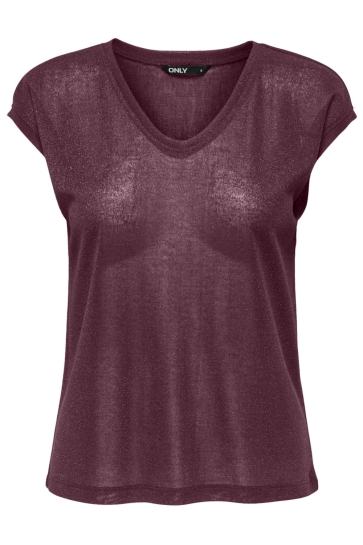 Only T-shirt ONLSILVERY S/S V NECK LUREX TOP JRS 15136069 BURGUNDY