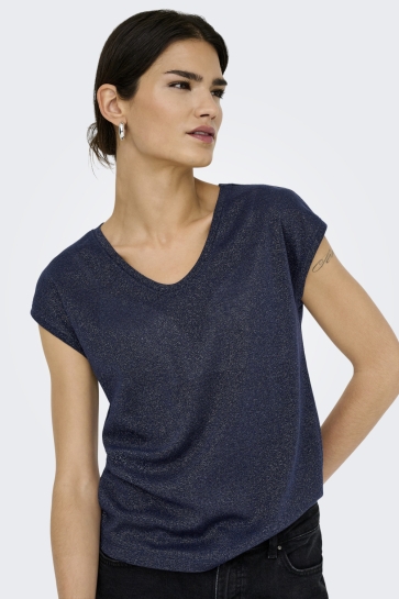 Only T-shirt ONLSILVERY S/S V NECK LUREX TOP JRS 15136069 NIGHT SKY