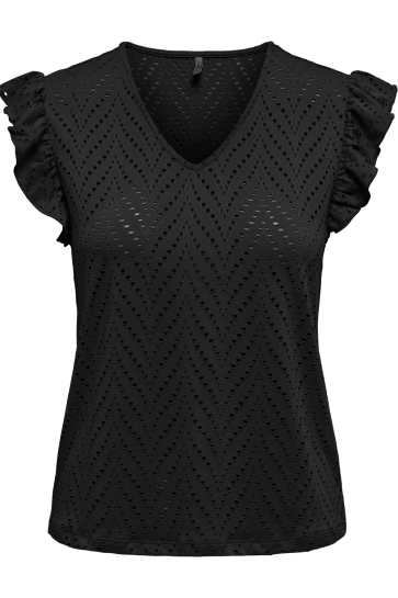 Only Top ONLSMILLA S/L V-NECK FRILL TOP JRS 15349061 BLACK/BOHO