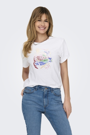 Only T-shirt ONLLUCIA LIFE REG S/S TOP JRS 15324866 BRIGHT WHITE/MULTICOLOUR LEO
