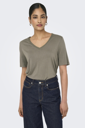 Only T-shirt ONLELISE S/S V-NECK TOP JRS NOOS 15257390 WALNUT