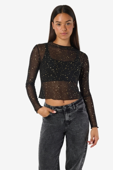 Noisy may Top NMSTAR FOIL L/S HIGH NECK MESH JRS 27030026 BLACK/GOLD SPECKLES