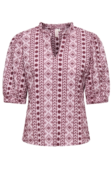 Only Blouse ONLPIPPI LIFE SS EMB. V-NECK TOP WV 15359877 CANDY PINK/RUBY WINE EMB