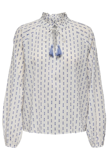 Only Blouse ONLGISELLE L/S O-NECK TIE SHIRT OX 15365878 CLOUD DANCER/BLUE DOBBY