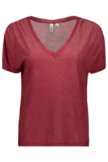 Vero Moda T-shirt VMGOLDA SS V-NECK TOP JRS BTQ 10335878 KARANDA RED/GOLD LUREX