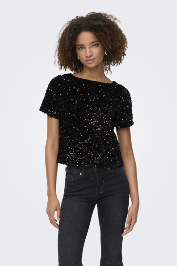 Only T-shirt ONLANIKA SS SEQUINS BOAT TOP WVN 15358489 BLACK/KOBBER SEQUINS