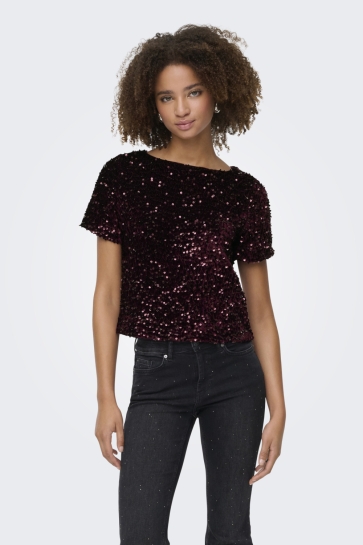 Only T-shirt ONLANIKA SS SEQUINS BOAT TOP WVN 15358489 WINETASTING/WINETASTING SEQUINS