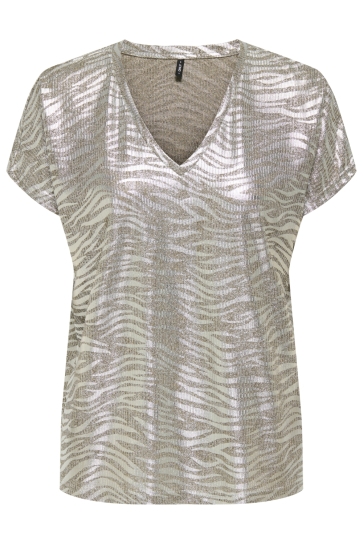 Only T-shirt ONLMIRINDA S/S V-NECK TOP PRI JRS 15371246 Humus/Melange zebra silver