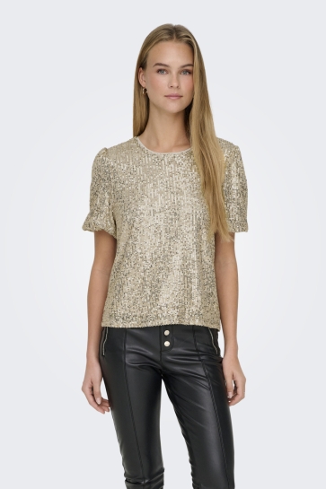 Only ONLANA S/S LOOSE SEQUINS TOP JRS 15333850 PUMICE STONE/SILVER SEQUINS