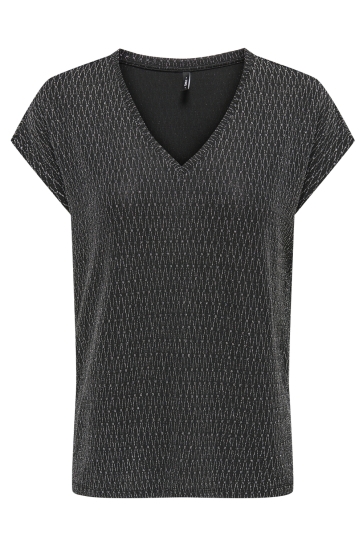 Only ONLCAROL S/S V-NECK GLITTER TOP BOX 15360960 BLACK/ HARLEKIN S