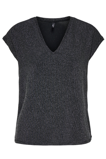 Only ONLCAROL S/S V-NECK GLITTER TOP BOX 15360960 BLACK/ SILVER GLI