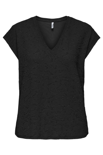 Only ONLCAROL S/S V-NECK GLITTER TOP BOX 15360960 BLACK/ ZIL ZEBRA