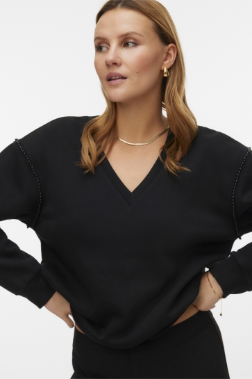 Vero Moda VMDAISY PEARL V-NECK SWEAT JRS GA B 10338099 BLACK/PEARLS ON SLEEVE