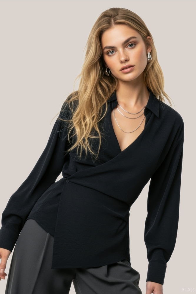 Hypedrop zwarte dames blouse | Model vooraanzicht