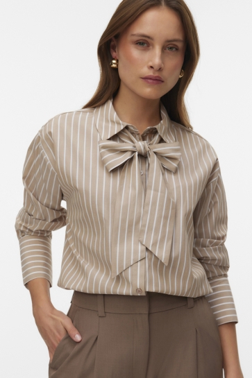 Vero Moda VMISLUNN L/S BOW SHIRT WVN BTQ 10342449 SILVER MINK/SNOW WHITE