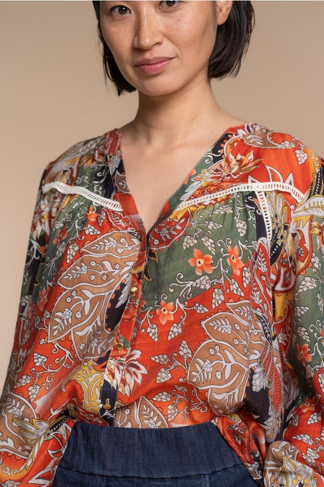 BLOUSE CULTURAL FLOWERPRINT 33127 26 ORANGE/ARMY/OFF-WHITE