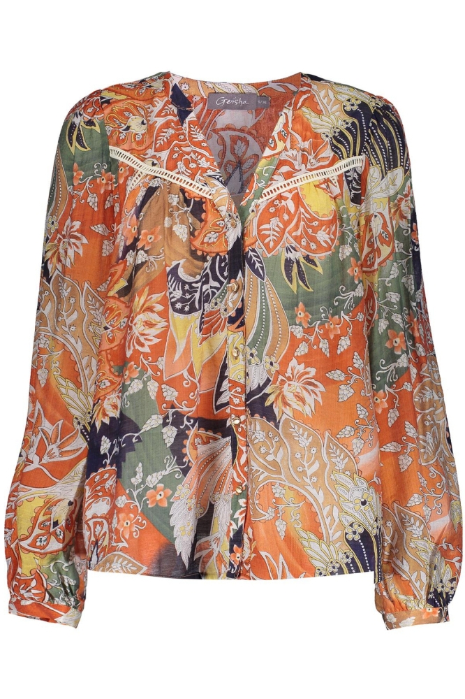 BLOUSE CULTURAL FLOWERPRINT 33127 26 ORANGE/ARMY/OFF-WHITE