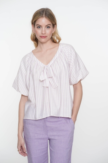 Geisha T-shirt TOP STREPEN STRIKDETAIL 53062 14 Off-White/Lilac