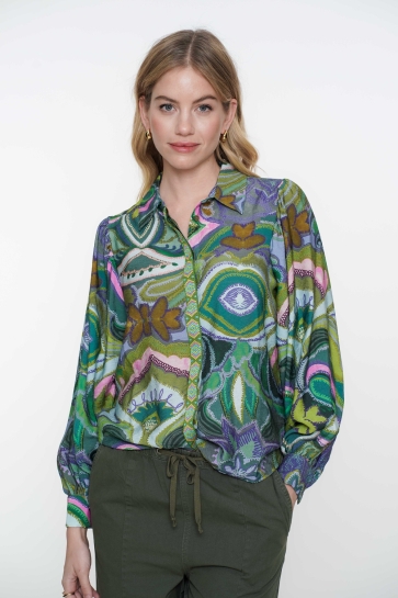 Geisha Blouse BLOUSE GRAFISCHE PRINT MET TAPE 53227 20 Green/Purple