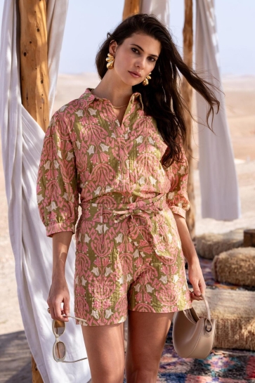 Geisha Blouse KLEURRIJKE BLOUSE MET IKATPRINT 53208 20 Green/Pink