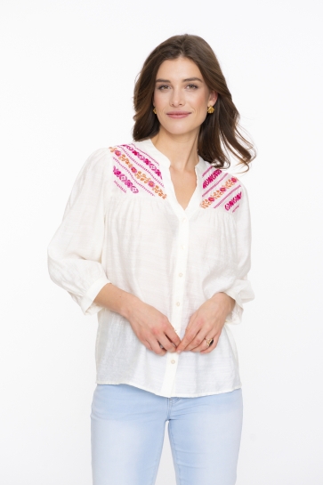 Geisha Blouse BLOUSE MET DRIEKWART GEPLOOIDE MOUWEN 53401 14 000010 OFF WHITE/FUSCHIA/ORANGE
