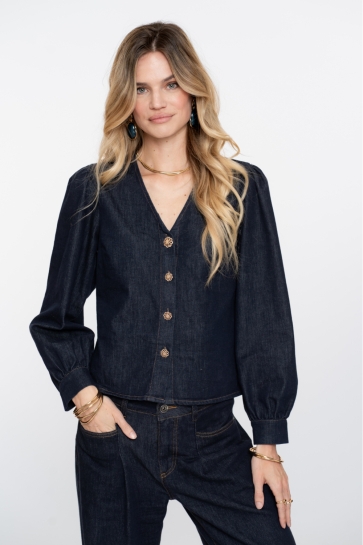 Geisha Blouse DENIM BLOUSE MET GOUDEN KNOPEN 53504 10 DARK BLUE DENIM