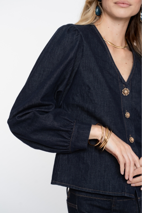 Geisha blauwe dames blouse | Close up
