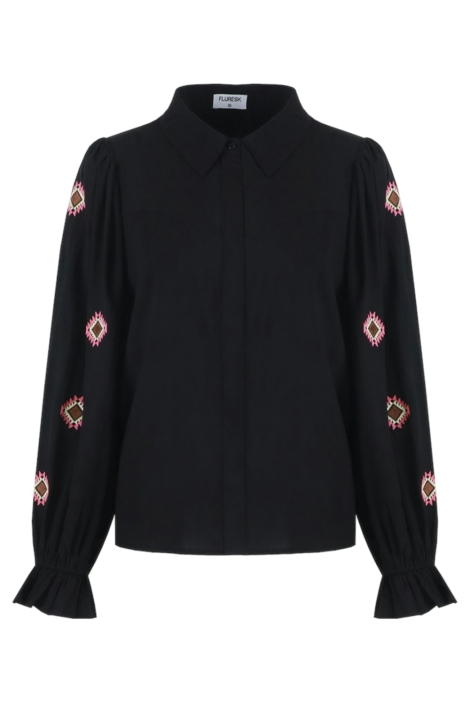 Fluresk zwarte dames blouse | Vooraanzicht