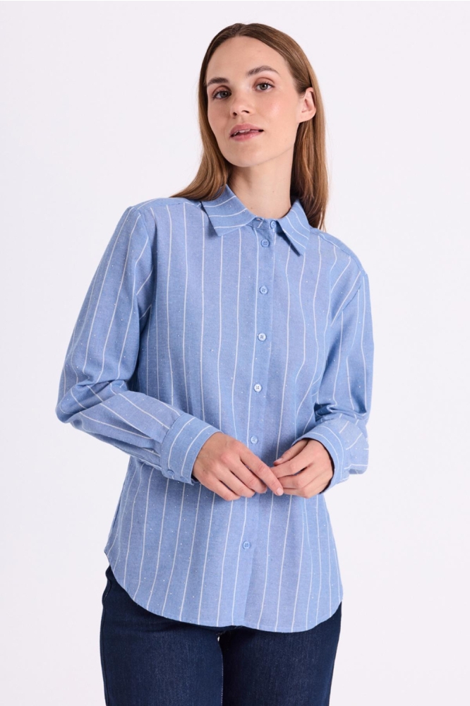Freequent blauwe dames blouse | Model vooraanzicht