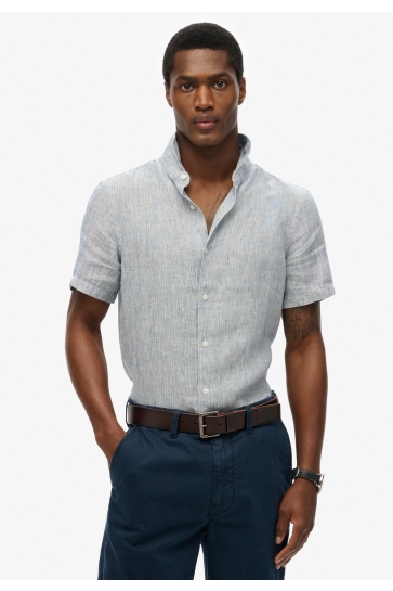 Superdry Overhemd VACATION LINEN S S SHIRT M4010937A NAVY TICKING LINEN