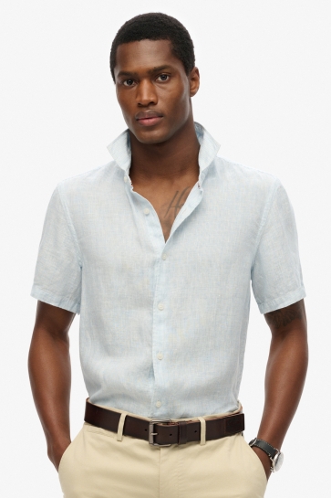 Superdry Overhemd VACATION LINEN S S SHIRT M4010937A SKY BLUE TICKING LINEN