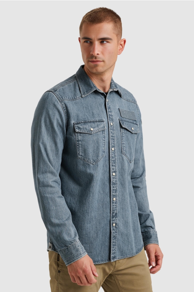 PME legend blauwe heren overhemd | Model zijaanzicht