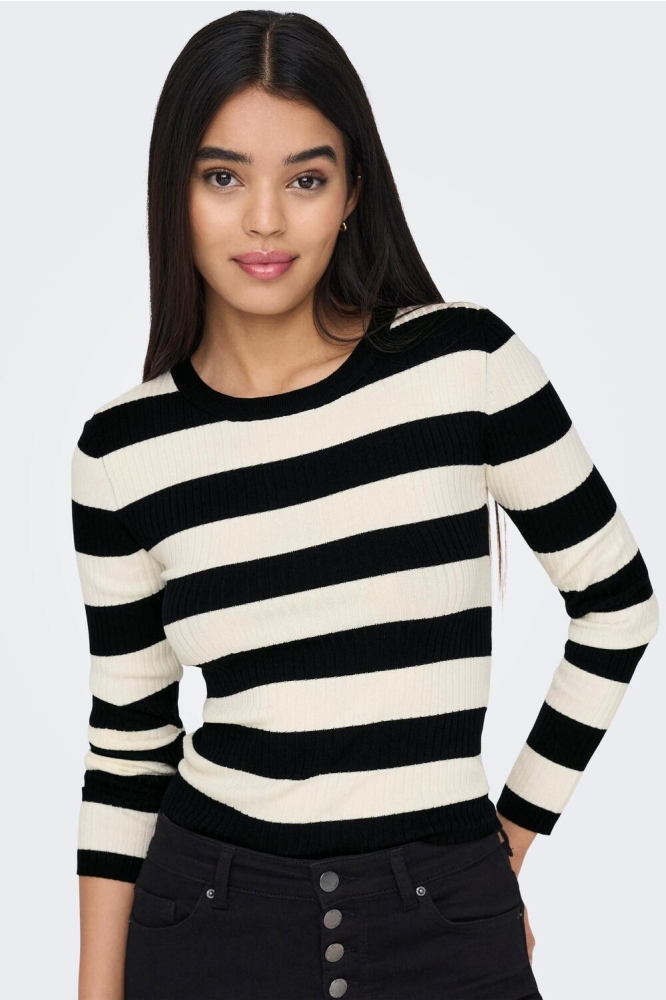 JDYPLUM L/S O-NECK STRIPE PULLOVER 15277223 BLACK/EGGNOG