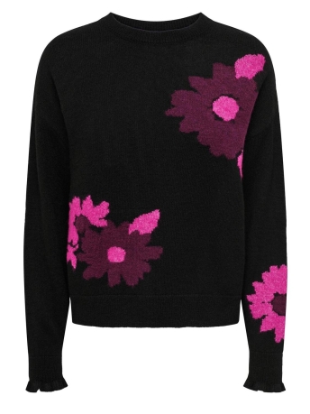 Jacqueline de Yong Trui JDYFLORIS L/S FRILL O-NECK PULLOVER 15308801 Black/JAQ.FLOWE
