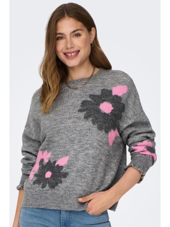 Jacqueline de Yong Trui JDYFLORIS L/S FRILL O-NECK PULLOVER 15308801 Light Grey Mela/JAQ.FLOWE