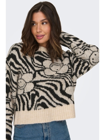 Only Trui ONLFLOWER LS JQ O-NECK KNT 15309122 MOONBEAM/BLACK