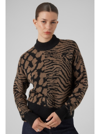 Vero Moda Trui VMVERA ANIMAL LS HIGHNECK PULLOVER 10291270 Black/W. BROWN L