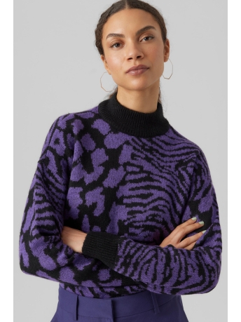 Vero Moda Trui VMVERA ANIMAL LS HIGHNECK PULLOVER 10291270 Black/W. PASSION