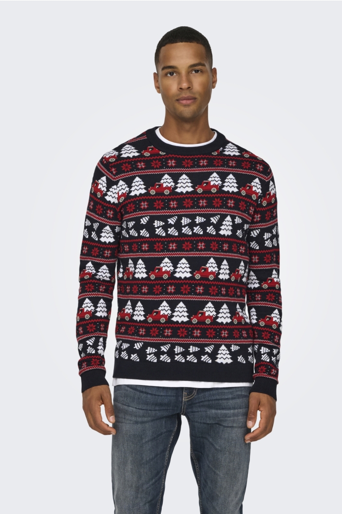 Only & Sons blauwe heren trui | Model vooraanzicht