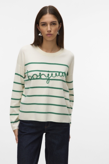 Vero Moda Trui VMARIA BONJOUR LS O-NECK PULLOVER G 10322312 BIRCH/W. BOSPHOR