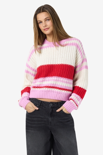 Noisy may Trui NMCHARLIE L/S O-NECK STRIPE KNIT NO 27020786 Birch/TOMATO+BON BON
