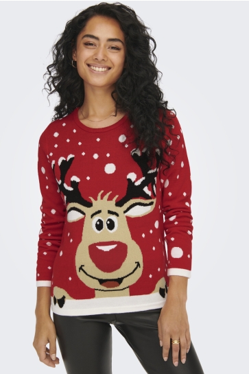 Jacqueline de Yong JDYLUCIA L/S X-MAS JACQUARD PULLOVE 15238375 TRUE RED/REINDEER