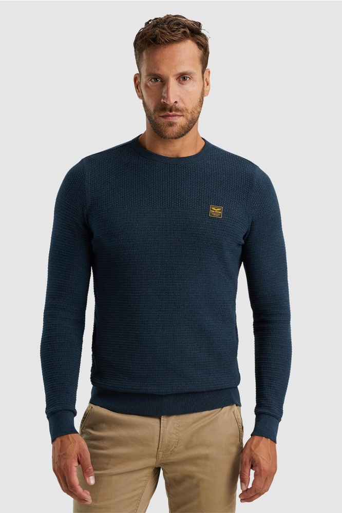 PME legend blauwe heren trui | Model vooraanzicht